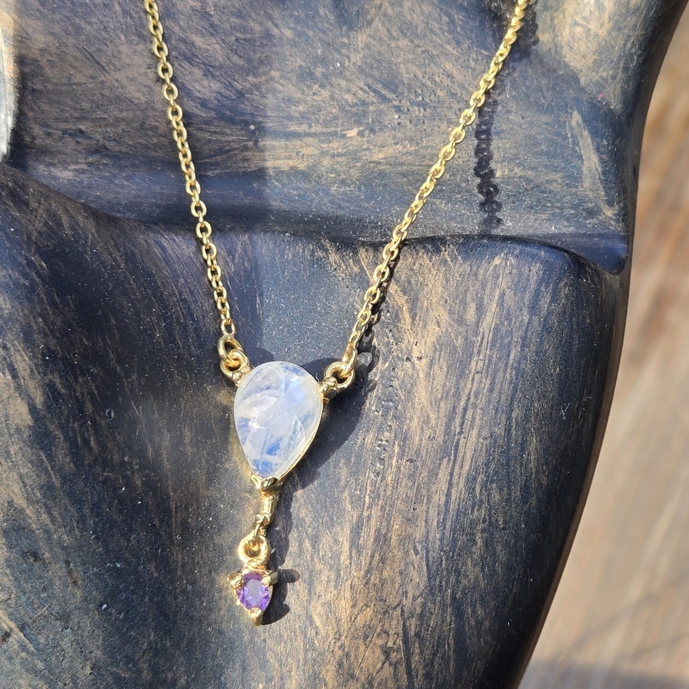 Moonstone & Amethyst Natural Gemstone Sterling & Gold 18" Necklace - Picture 9 of 13